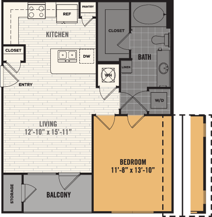 Floor plan for 1 bed, 1 bath, 673 sqft